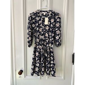NWT Monteau Los Angeles navy and cream floral long sleeve v-neck dress XS